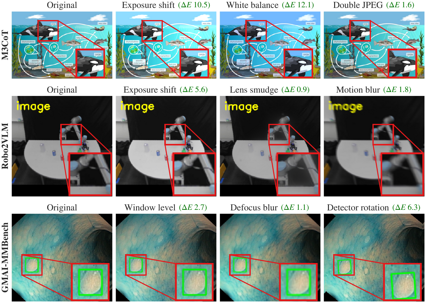 VISFLIP examples across M3CoT, Robo2VLM, and GMAI-MMBench